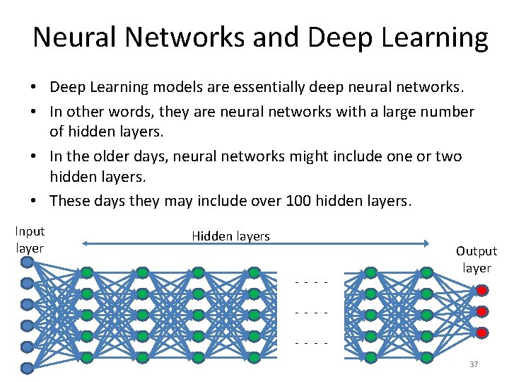 Neural Networks and Deep Learning • Deep Learning models are essentially deep neural networks.