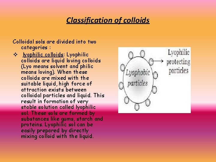 Classification of colloids Colloidal sols are divided into two categories : v lyophilic colloids: