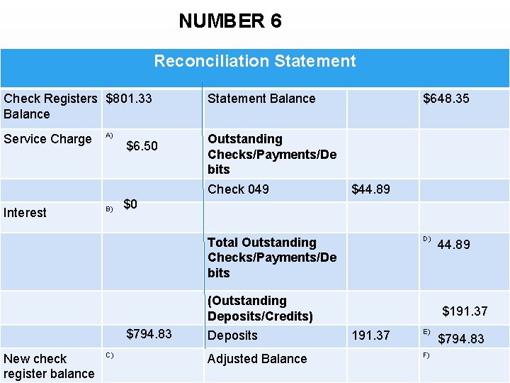 NUMBER 6 Reconciliation Statement CONCEPT CHECK Check Registers $801. 33 Balance Service Charge A)