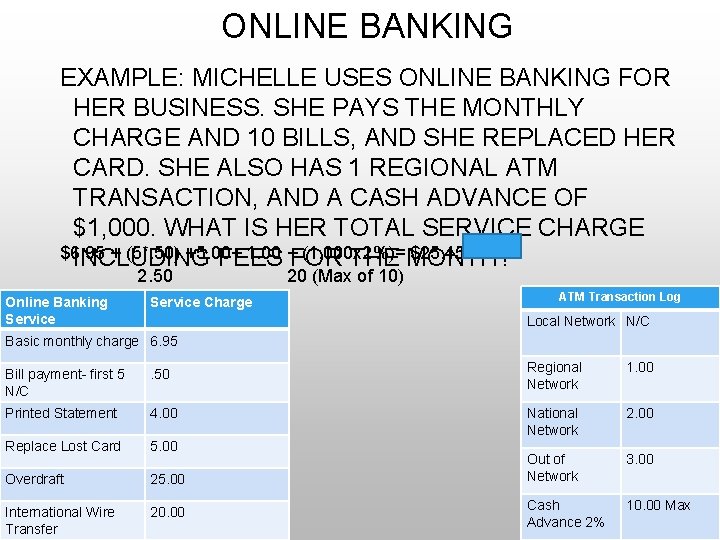 ONLINE BANKING EXAMPLE: MICHELLE USES ONLINE BANKING FOR HER BUSINESS. SHE PAYS THE MONTHLY