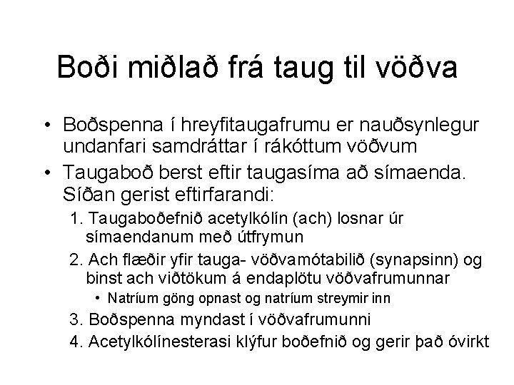 Boði miðlað frá taug til vöðva • Boðspenna í hreyfitaugafrumu er nauðsynlegur undanfari samdráttar