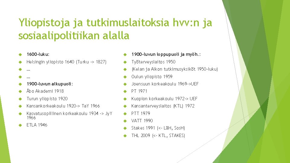 Yliopistoja ja tutkimuslaitoksia hvv: n ja sosiaalipolitiikan alalla 1600 -luku: 1900 -luvun loppupuoli ja