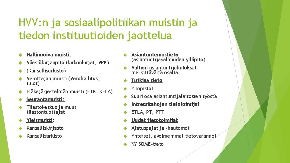 HVV: n ja sosiaalipolitiikan muistin ja tiedon instituutioiden jaottelua Hallinnoiva muisti: Väestökirjanpito (kirkonkirjat, VRK)