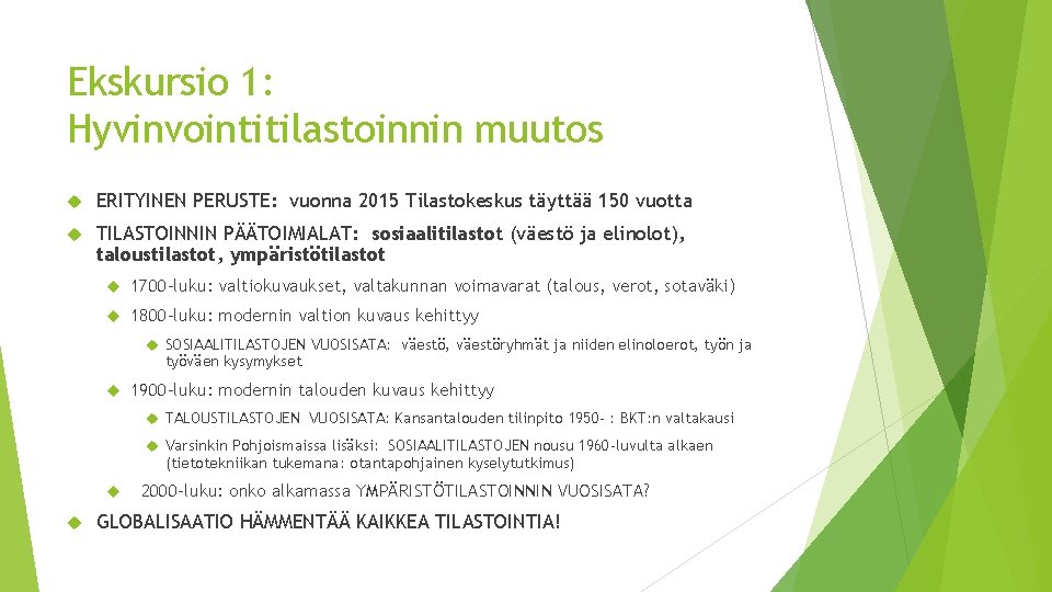 Ekskursio 1: Hyvinvointitilastoinnin muutos ERITYINEN PERUSTE: vuonna 2015 Tilastokeskus täyttää 150 vuotta TILASTOINNIN PÄÄTOIMIALAT: