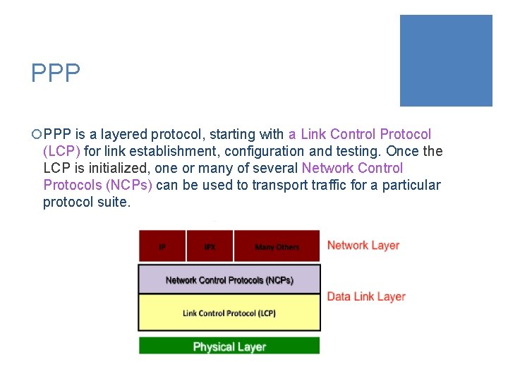 PPP ¡PPP is a layered protocol, starting with a Link Control Protocol (LCP) for