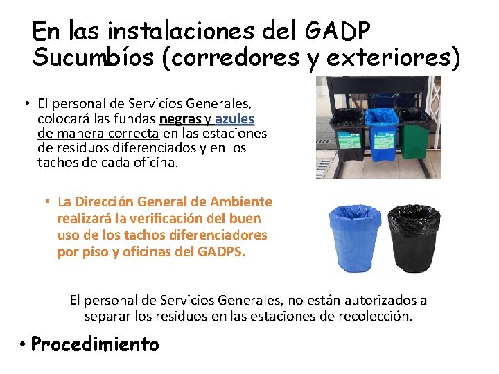 En las instalaciones del GADP Sucumbíos (corredores y exteriores) • El personal de Servicios