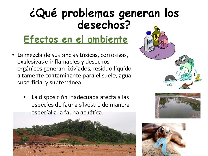 ¿Qué problemas generan los desechos? Efectos en el ambiente • La mezcla de sustancias