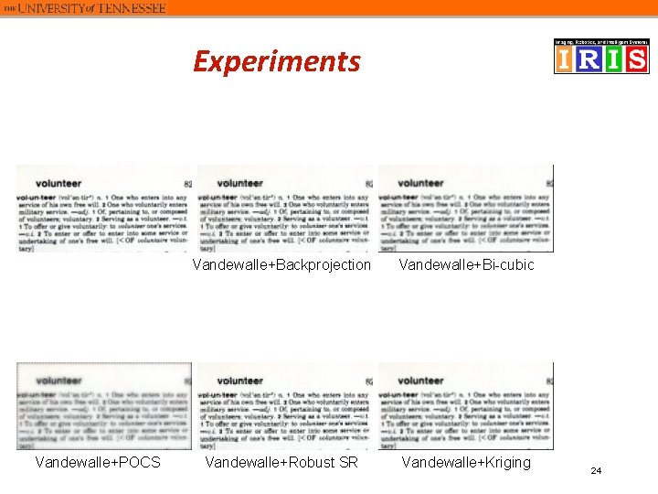 Experiments Vandewalle+POCS Vandewalle+Backprojection Vandewalle+Bi-cubic Vandewalle+Robust SR Vandewalle+Kriging 24 