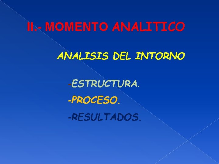 II. - MOMENTO ANALITICO ANALISIS DEL INTORNO -ESTRUCTURA. -PROCESO. -RESULTADOS. 
