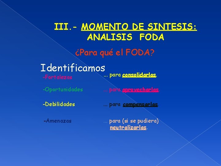 III. - MOMENTO DE SINTESIS: ANALISIS FODA ¿Para qué el FODA? Identificamos -Fortalezas .