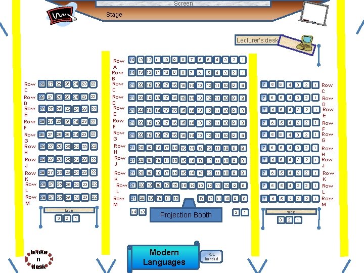 Screen Stage Lecturer’s desk Row C Row D Row E Row F Row G