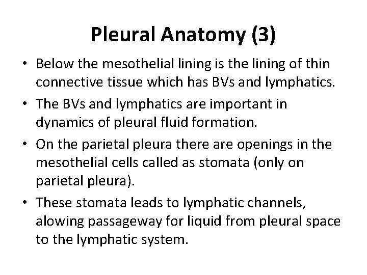 Pleural Anatomy (3) • Below the mesothelial lining is the lining of thin connective