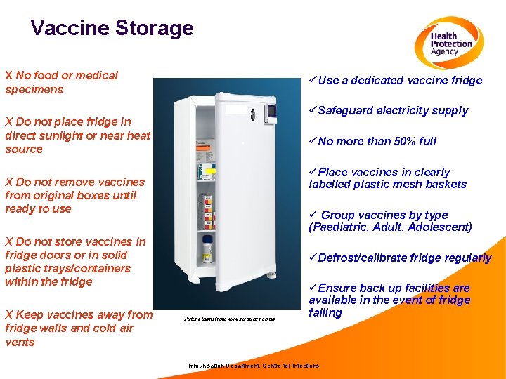 Vaccine Storage X No food or medical specimens üUse a dedicated vaccine fridge üSafeguard