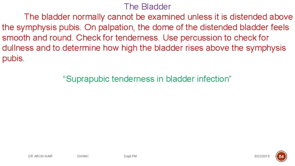 The Bladder The bladder normally cannot be examined unless it is distended above the