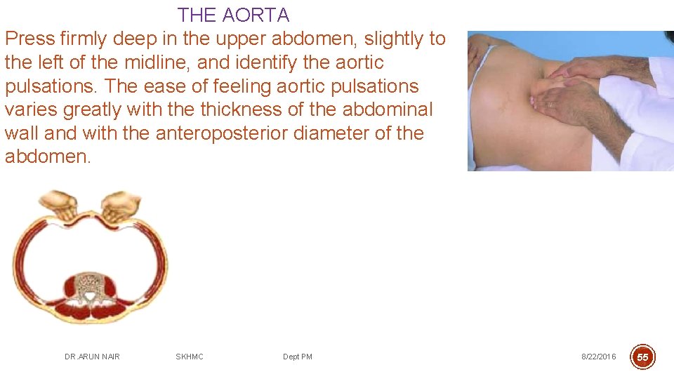 THE AORTA Press firmly deep in the upper abdomen, slightly to the left of