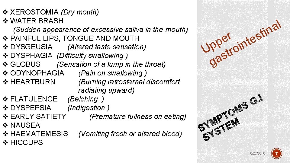 v XEROSTOMIA (Dry mouth) v WATER BRASH (Sudden appearance of excessive saliva in the