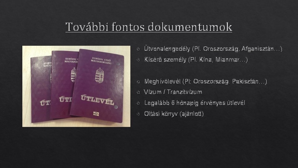 További fontos dokumentumok Útvonalengedély (Pl. Oroszország, Afganisztán…) Kísérő személy (Pl. Kína, Mianmar…) Meghívólevél (Pl: