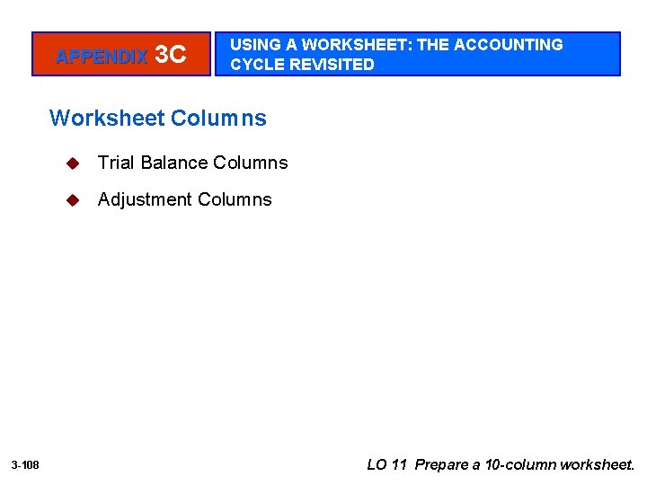 APPENDIX 3 C USING A WORKSHEET: THE ACCOUNTING CYCLE REVISITED Worksheet Columns 3 -108