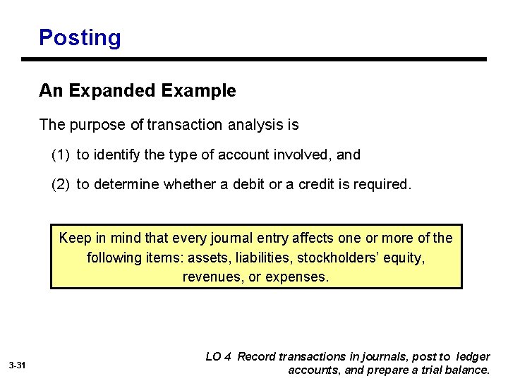 Posting An Expanded Example The purpose of transaction analysis is (1) to identify the