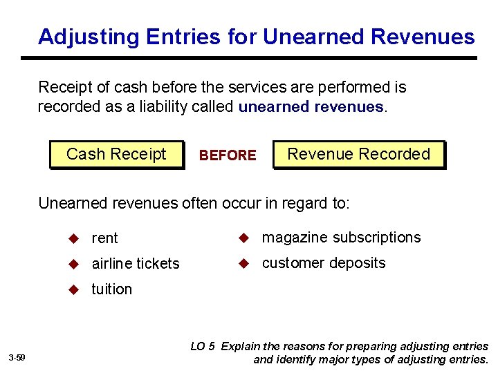 Adjusting Entries for Unearned Revenues Receipt of cash before the services are performed is