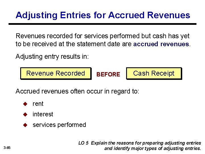 Adjusting Entries for Accrued Revenues recorded for services performed but cash has yet to