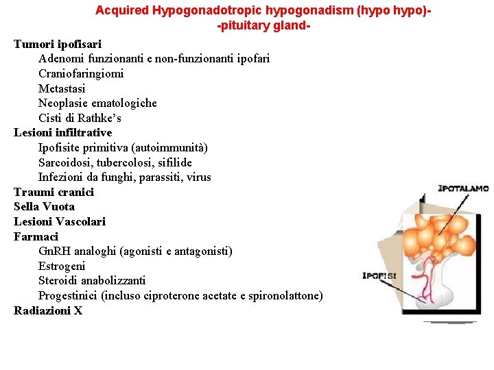 Acquired Hypogonadotropic hypogonadism (hypo)-pituitary gland. Tumori ipofisari Adenomi funzionanti e non-funzionanti ipofari Craniofaringiomi Metastasi