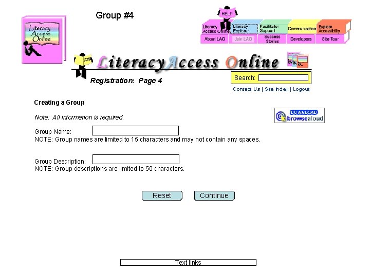 Group #4 Search: Registration: Page 4 Contact Us | Site Index | Logout Creating Group #4 Search: Registration: Page 4 Contact Us | Site Index | Logout Creating
