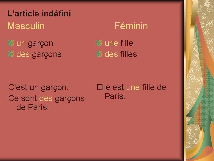 L’article indéfini Masculin un garçon des garçons C’est un garçon. Ce sont des garçons