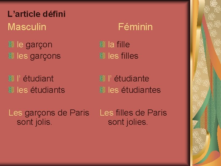 L’article défini Masculin Féminin le garçon les garçons la fille les filles l’ étudiant