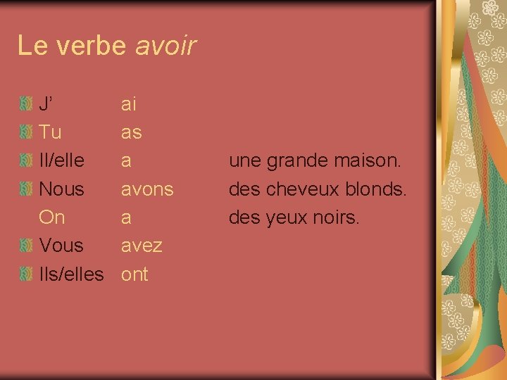 Le verbe avoir J’ Tu Il/elle Nous On Vous Ils/elles ai as a avons