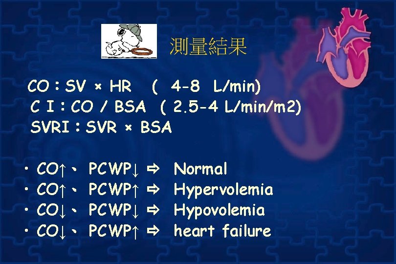 測量結果 CO：SV × HR ( 4 -8 L/min) C I：CO / BSA ( 2.