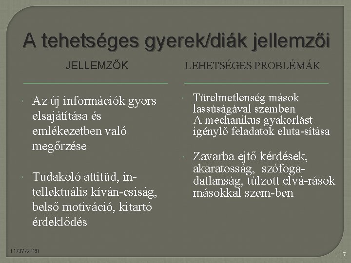 A tehetséges gyerek/diák jellemzői JELLEMZŐK Az új információk gyors elsajátítása és emlékezetben való megőrzése