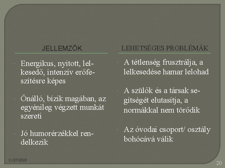 JELLEMZŐK Energikus, nyitott, lelkesedő, intenzív erőfeszítésre képes Önálló, bízik magában, az egyénileg végzett munkát