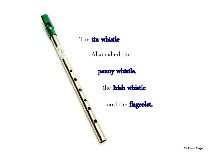 The tin whistle Also called the penny whistle, the Irish whistle and the flageolet.