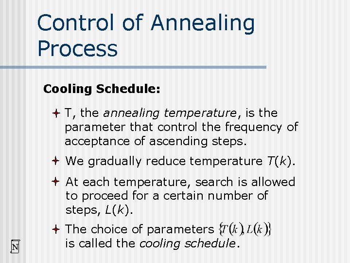 Control of Annealing Process Cooling Schedule: T, the annealing temperature, is the parameter that