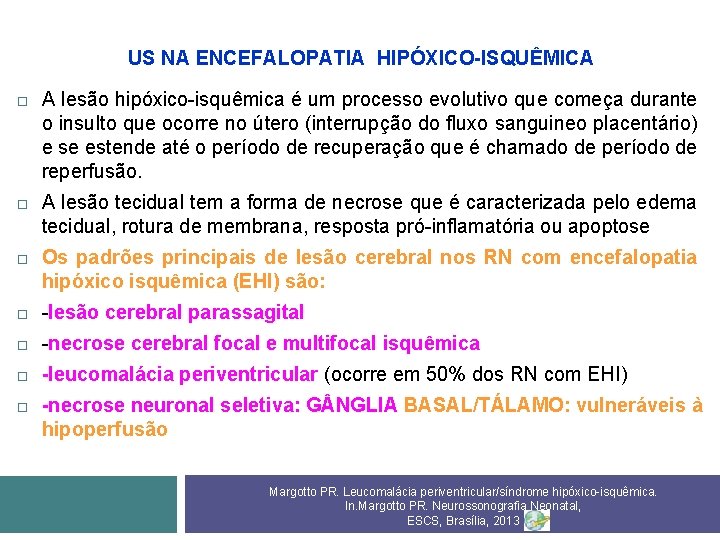 US NA ENCEFALOPATIA HIPÓXICO-ISQUÊMICA A lesão hipóxico-isquêmica é um processo evolutivo que começa durante