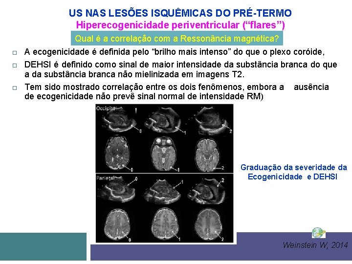 US NAS LESÕES ISQUÊMICAS DO PRÉ-TERMO Hiperecogenicidade periventricular (“flares”) Qual é a correlação com