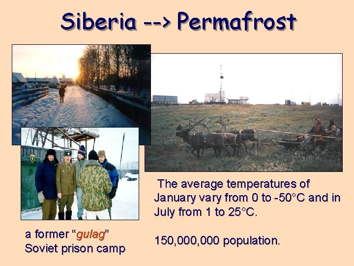 Siberia --> Permafrost The average temperatures of January vary from 0 to -50°C and