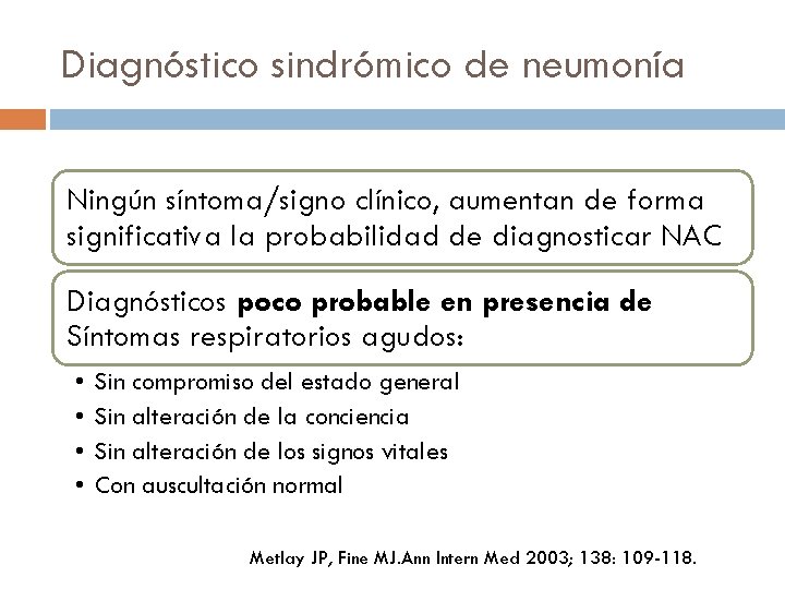 Diagnóstico sindrómico de neumonía Ningún síntoma/signo clínico, aumentan de forma significativa la probabilidad de