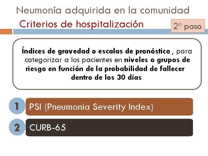 Neumonía adquirida en la comunidad Criterios de hospitalización 2º paso Índices de gravedad o