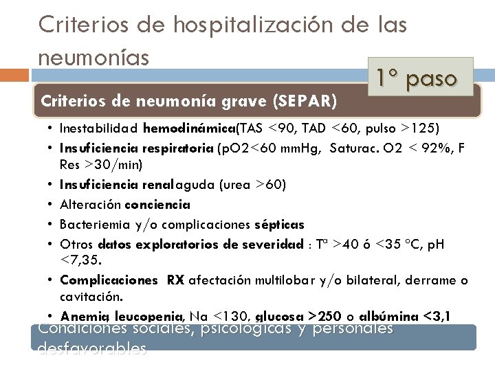 Criterios de hospitalización de las neumonías 1º paso Criterios de neumonía grave (SEPAR) •