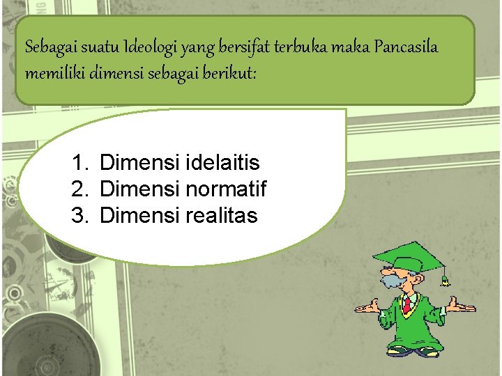 Sebagai suatu Ideologi yang bersifat terbuka maka Pancasila memiliki dimensi sebagai berikut: 1. Dimensi