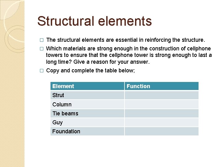 Structural elements � The structural elements are essential in reinforcing the structure. � Which