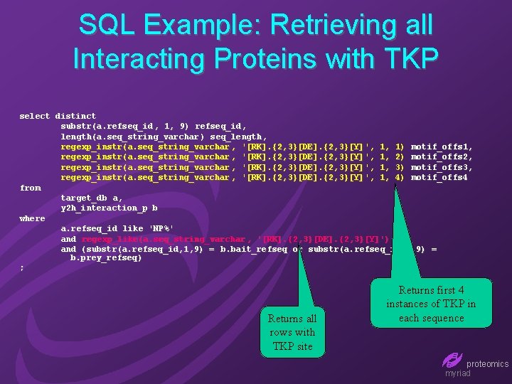 SQL Example: Retrieving all Interacting Proteins with TKP select distinct substr(a. refseq_id , 1,