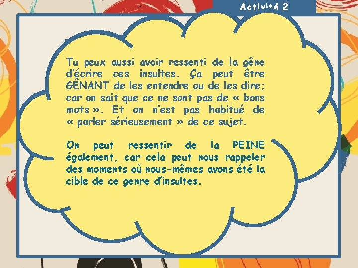 Activité 2 Tu peux aussi avoir ressenti de la gêne d’écrire ces insultes. Ça