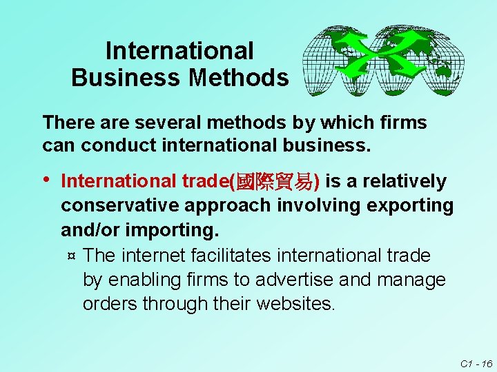 International Business Methods There are several methods by which firms can conduct international business.