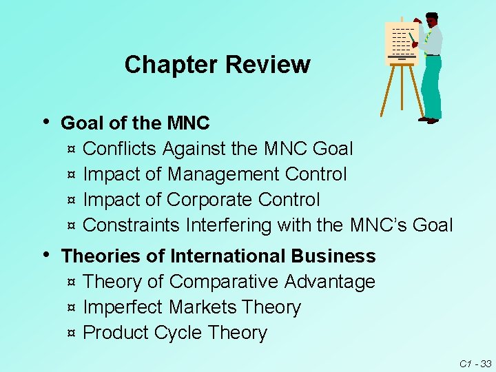 Chapter Review • Goal of the MNC Conflicts Against the MNC Goal ¤ Impact