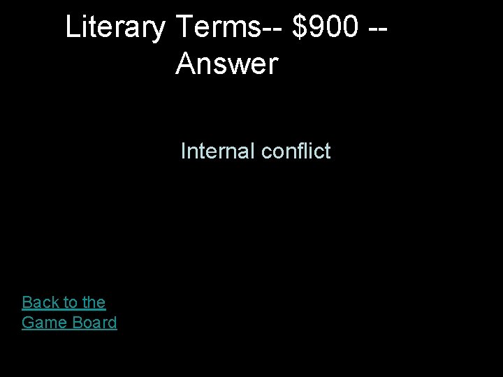 Literary Terms-- $900 -Answer Internal conflict Back to the Game Board 