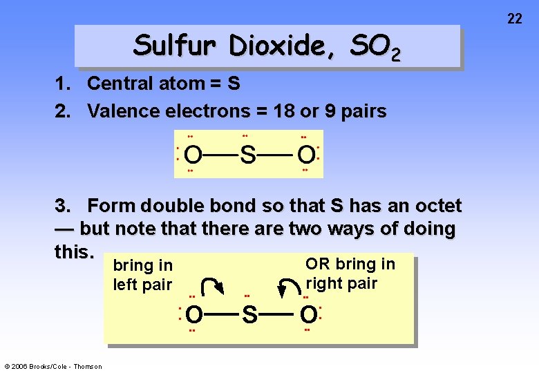 Sulfur Dioxide, SO 2 1. Central atom = S 2. Valence electrons = 18