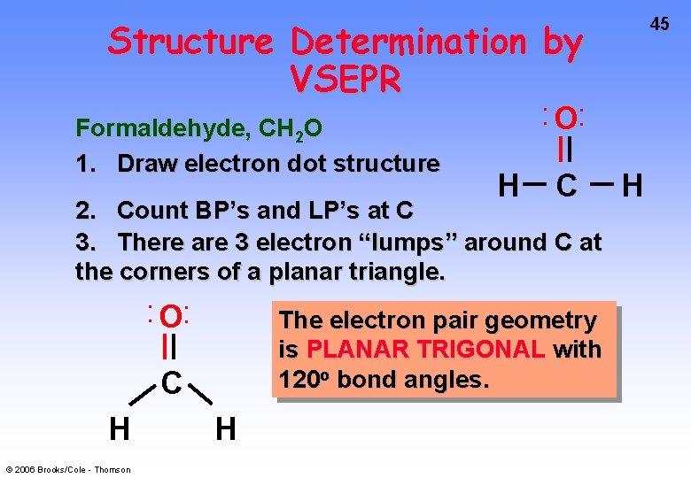 Structure Determination by VSEPR Formaldehyde, CH 2 O 1. Draw electron dot structure •